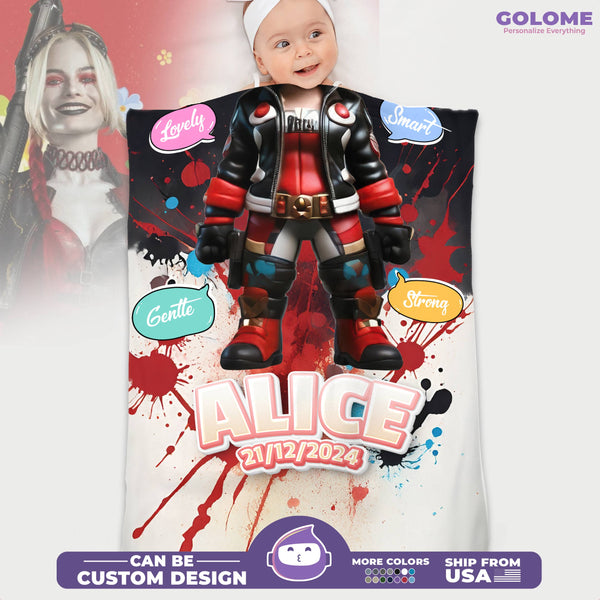 Personalized Baby Superhero Blanket – Harley Quinn Style | Custom Name, Date & Bold Backgrounds